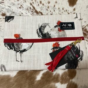 NWT Makeup Junkie Size medium Red and White Rooster Print Clutch